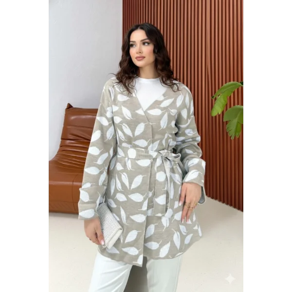 Kadın Uzun Kollu Kadın Uzun Kollu Yaprak Desen Kuşak Dahil Hırka