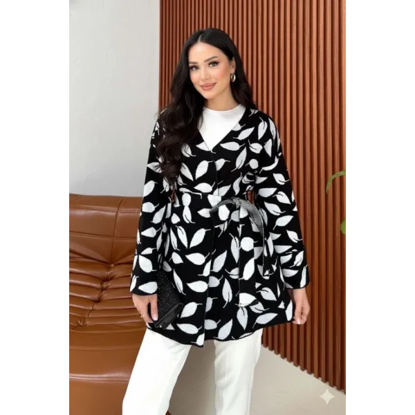 Kadın Uzun Kollu Kadın Uzun Kollu Yaprak Desen Kuşak Dahil Hırka