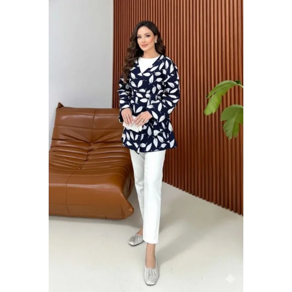 Kadın Uzun Kollu Kadın Uzun Kollu Yaprak Desen Kuşak Dahil Hırka