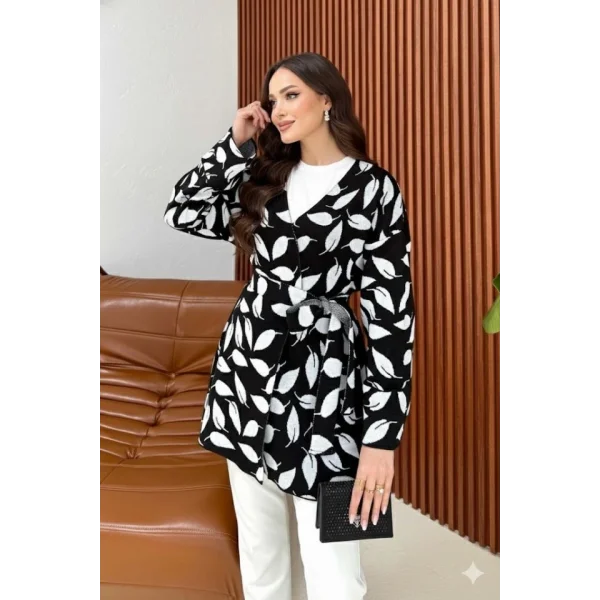 Kadın Uzun Kollu Kadın Uzun Kollu Yaprak Desen Kuşak Dahil Hırka