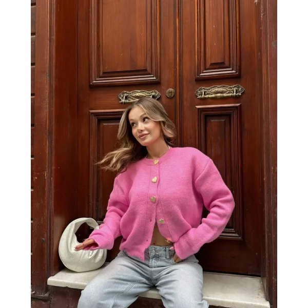 Kadın Uzun Kollu Kalp Düğme Detay Hırka