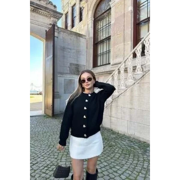 Kadın Uzun Kollu Kalp Düğme Detay Hırka