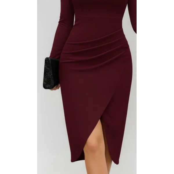 Kadın Uzun Kollu Kalp Yaka önden çapraz Detaylı Midi Ithal Krep Elbise