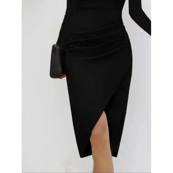 Kadın Uzun Kollu Kalp Yaka önden çapraz Detaylı Midi Ithal Krep Elbise