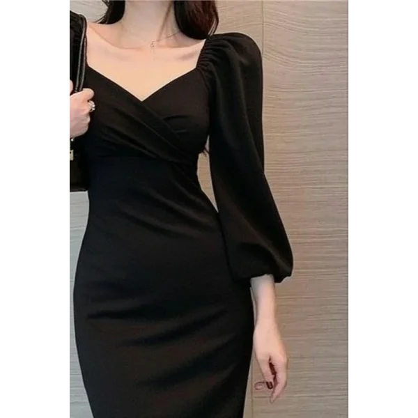 Kadın Uzun Kollu Kalp Yakalı Midi Ithal Krep Elbise