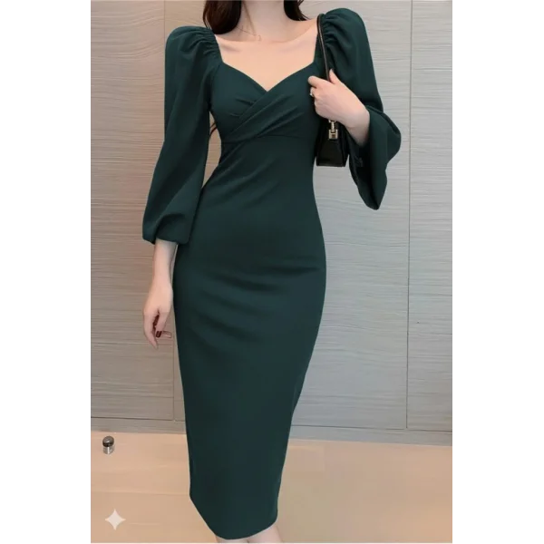 Kadın Uzun Kollu Kalp Yakalı Midi Ithal Krep Elbise