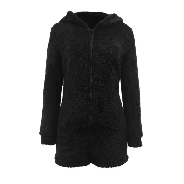 Kadın Uzun Kollu Kapişon Ve Fermuar Detaylı Peluş şort Tulum