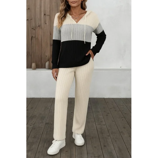 Kadın Uzun Kollu Kapşonlu Bağcıklı Blok Renkli şardonlu Kaşkorse Bluz Ve Pantolon Ikili Takım