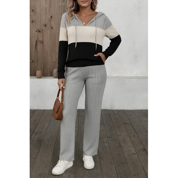 Kadın Uzun Kollu Kapşonlu Bağcıklı Blok Renkli şardonlu Kaşkorse Bluz Ve Pantolon Ikili Takım