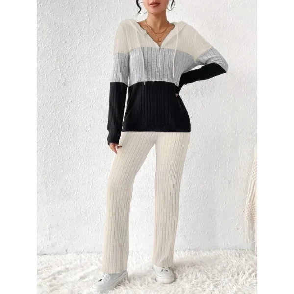 Kadın Uzun Kollu Kapşonlu Bağcıklı Blok Renkli şardonlu Kaşkorse Bluz Ve Pantolon Ikili Takım