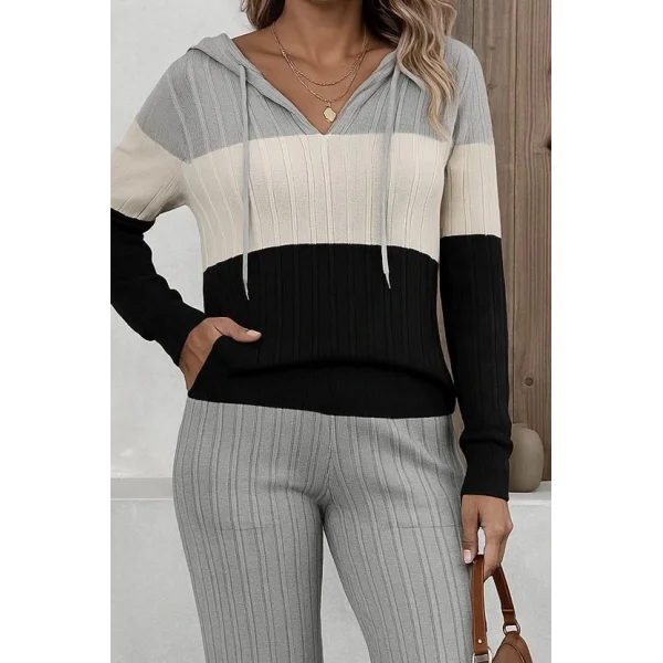 Kadın Uzun Kollu Kapşonlu Bağcıklı Blok Renkli şardonlu Kaşkorse Bluz Ve Pantolon Ikili Takım