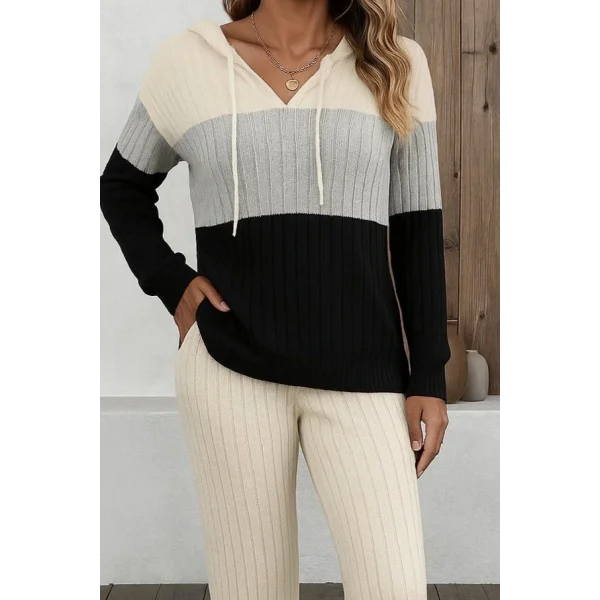 Kadın Uzun Kollu Kapşonlu Bağcıklı Blok Renkli şardonlu Kaşkorse Bluz Ve Pantolon Ikili Takım