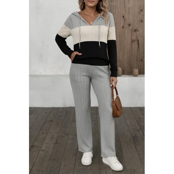 Kadın Uzun Kollu Kapşonlu Bağcıklı Blok Renkli şardonlu Kaşkorse Bluz Ve Pantolon Ikili Takım