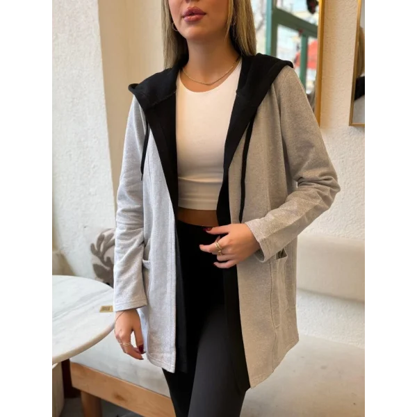 Kadın Uzun Kollu Kapşonlu Bağcıklı Cepli Iki Iplik Ceket