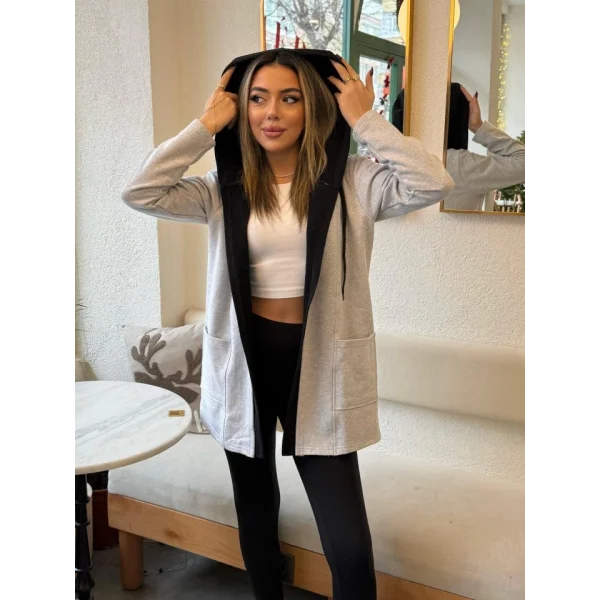 Kadın Uzun Kollu Kapşonlu Bağcıklı Cepli Iki Iplik Ceket