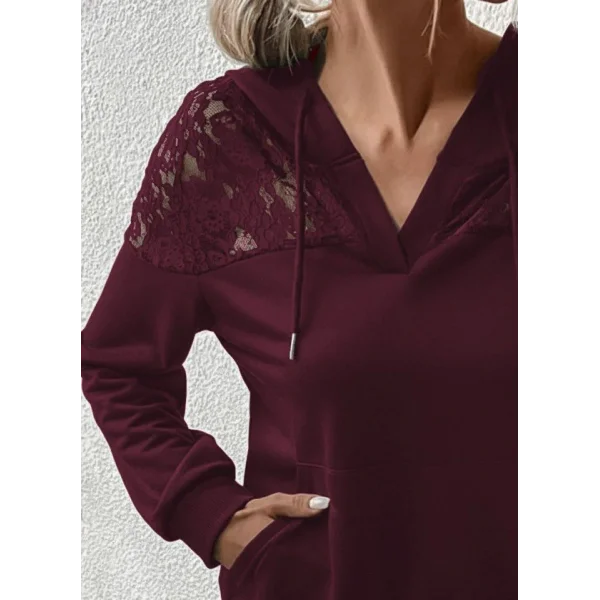Kadın Uzun Kollu Kapşonlu Bağcıklı Dantelli Viskon Iki Iplik Bluz