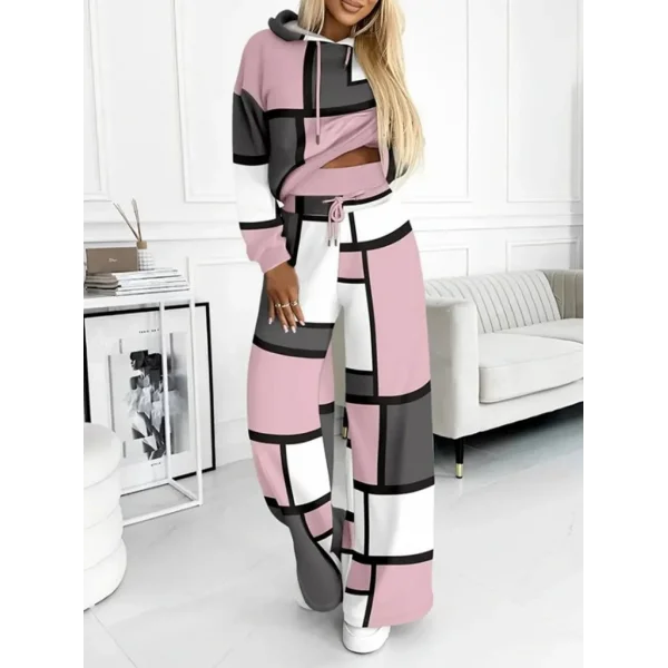 Kadın Uzun Kollu Kapşonlu Bağcıklı Desenli Iki Iplik Bluz Ve Pantolon Ikili Takım