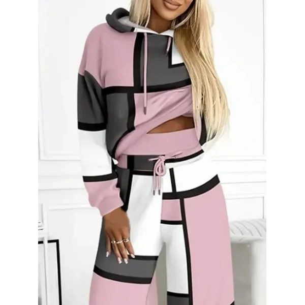 Kadın Uzun Kollu Kapşonlu Bağcıklı Desenli Iki Iplik Bluz Ve Pantolon Ikili Takım