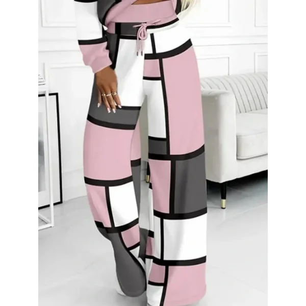 Kadın Uzun Kollu Kapşonlu Bağcıklı Desenli Iki Iplik Bluz Ve Pantolon Ikili Takım