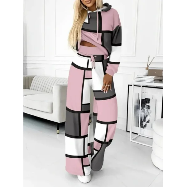 Kadın Uzun Kollu Kapşonlu Bağcıklı Desenli Iki Iplik Bluz Ve Pantolon Ikili Takım