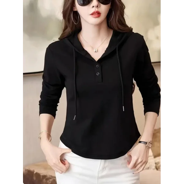 Kadın Uzun Kollu Kapşonlu Bağcıklı Düğmeli Viskon Iki Iplik Bluz
