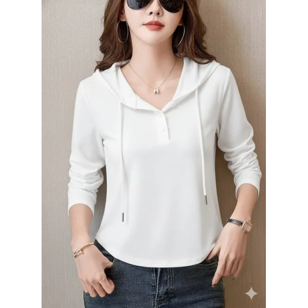 Kadın Uzun Kollu Kapşonlu Bağcıklı Düğmeli Viskon Iki Iplik Bluz