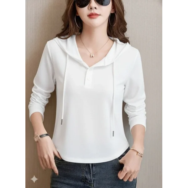 Kadın Uzun Kollu Kapşonlu Bağcıklı Düğmeli Viskon Iki Iplik Bluz