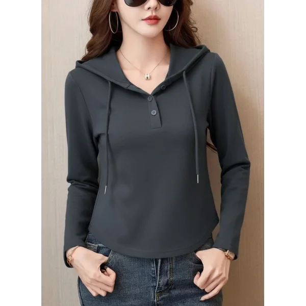 Kadın Uzun Kollu Kapşonlu Bağcıklı Düğmeli Viskon Iki Iplik Füme Bluz