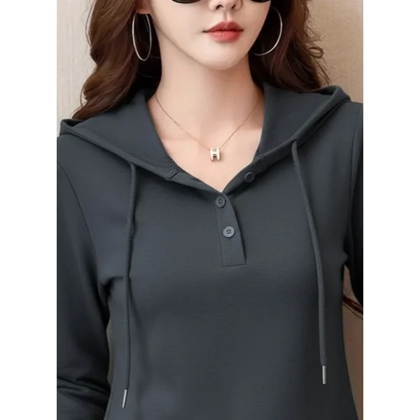 Kadın Uzun Kollu Kapşonlu Bağcıklı Düğmeli Viskon Iki Iplik Füme Bluz