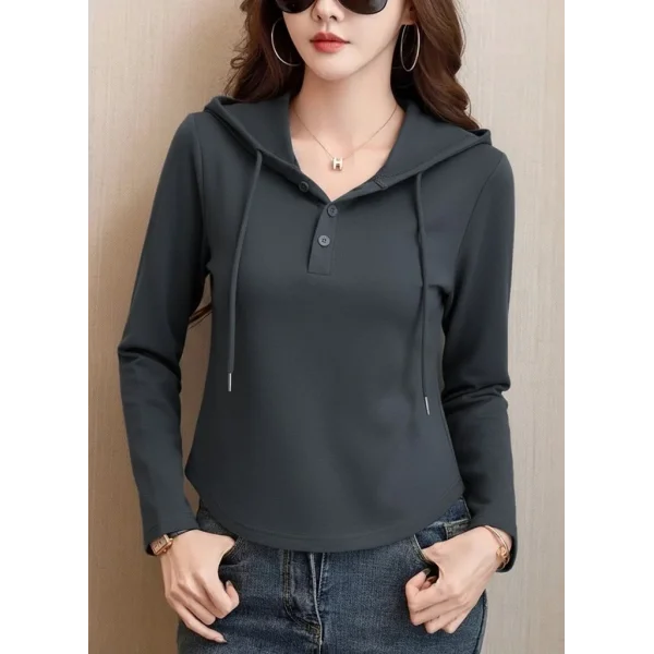 Kadın Uzun Kollu Kapşonlu Bağcıklı Düğmeli Viskon Iki Iplik Füme Bluz