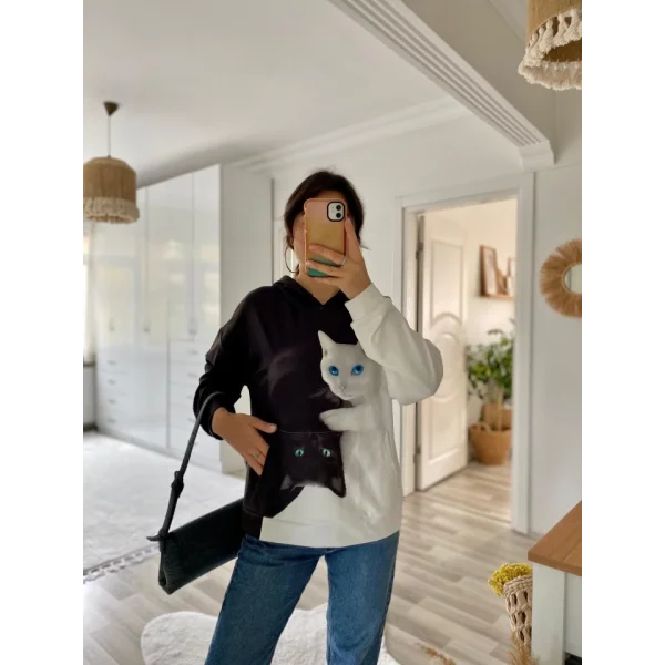 Kadın Uzun Kollu Kapşonlu Bağcıklı Kedi Desenli şardonlu Dalgıç Bluz