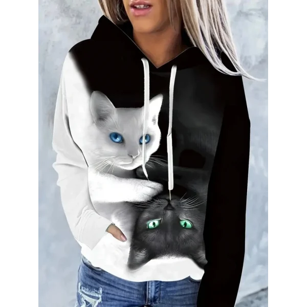 Kadın Uzun Kollu Kapşonlu Bağcıklı Kedi Desenli şardonlu Dalgıç Bluz