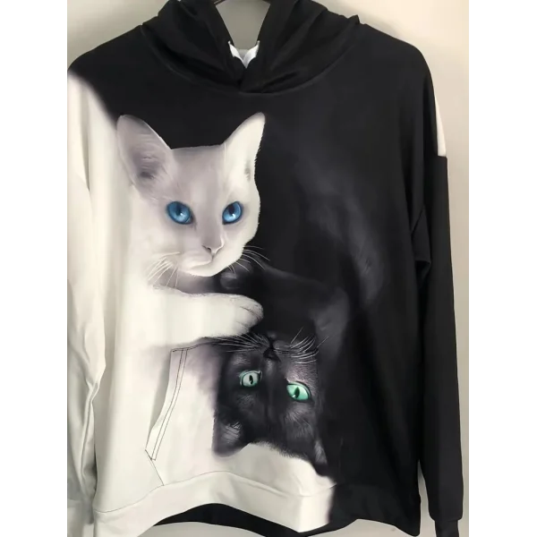 Kadın Uzun Kollu Kapşonlu Bağcıklı Kedi Desenli şardonlu Dalgıç Bluz