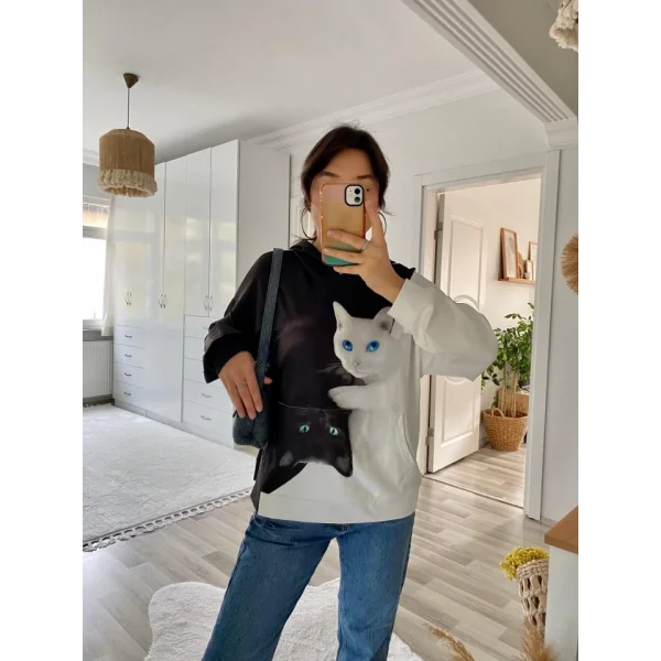 Kadın Uzun Kollu Kapşonlu Bağcıklı Kedi Desenli şardonlu Dalgıç Bluz