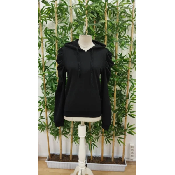 Kadın Uzun Kollu Kapşonlu Bağcıklı Kollarda Büzgü Detaylı Iki Iplik Bluz