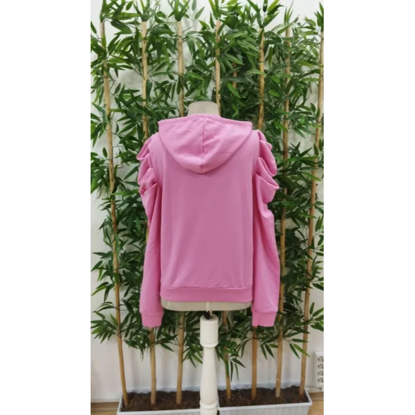 Kadın Uzun Kollu Kapşonlu Bağcıklı Kollarda Büzgü Detaylı Iki Iplik Bluz