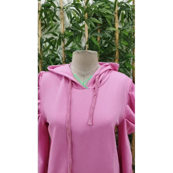 Kadın Uzun Kollu Kapşonlu Bağcıklı Kollarda Büzgü Detaylı Iki Iplik Bluz