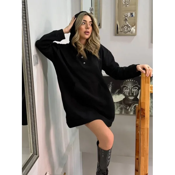 Kadın Uzun Kollu Kapşonlu Bağcıklı önden Düğmeli Ve Cepli Iki Iplik şardonlu Elbise