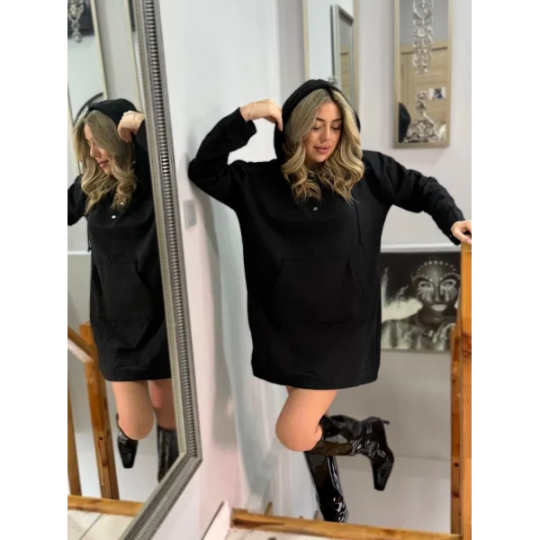 Kadın Uzun Kollu Kapşonlu Bağcıklı önden Düğmeli Ve Cepli Iki Iplik şardonlu Elbise