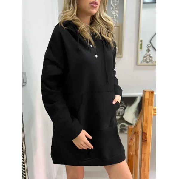 Kadın Uzun Kollu Kapşonlu Bağcıklı önden Düğmeli Ve Cepli Iki Iplik şardonlu Elbise