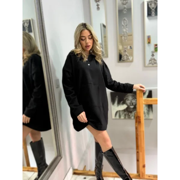 Kadın Uzun Kollu Kapşonlu Bağcıklı önden Düğmeli Ve Cepli Iki Iplik şardonlu Elbise