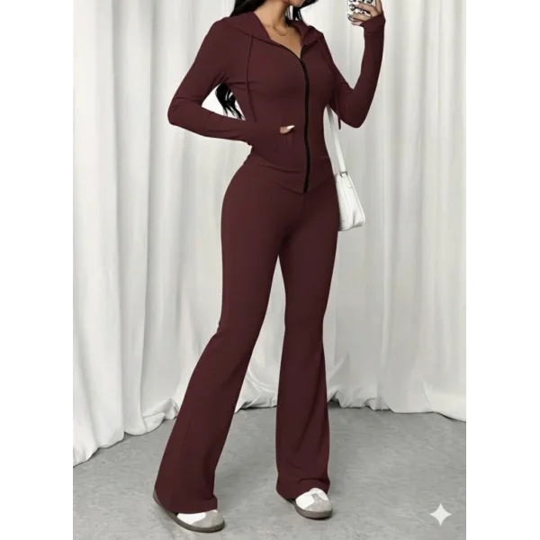 Kadın Uzun Kollu Kapşonlu Bağcıklı önü Fermuarlı Viskon Iki Iplik Bluz Ve Pantolon Ikili Takım