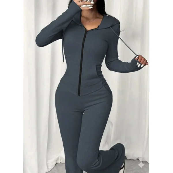 Kadın Uzun Kollu Kapşonlu Bağcıklı önü Fermuarlı Viskon Iki Iplik Bluz Ve Pantolon Ikili Takım