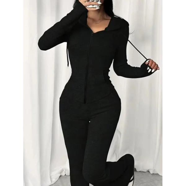 Kadın Uzun Kollu Kapşonlu Bağcıklı önü Fermuarlı Viskon Iki Iplik Bluz Ve Pantolon Ikili Takım