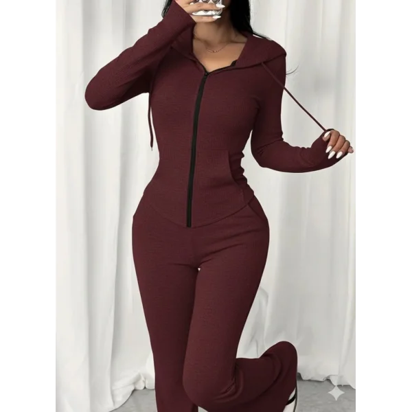 Kadın Uzun Kollu Kapşonlu Bağcıklı önü Fermuarlı Viskon Iki Iplik Bluz Ve Pantolon Ikili Takım