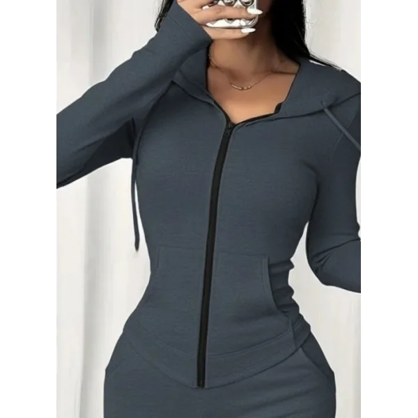 Kadın Uzun Kollu Kapşonlu Bağcıklı önü Fermuarlı Viskon Iki Iplik Bluz Ve Pantolon Ikili Takım