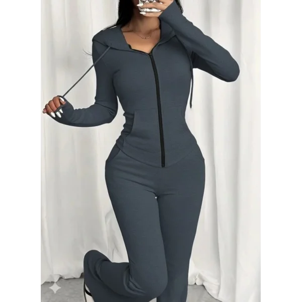 Kadın Uzun Kollu Kapşonlu Bağcıklı önü Fermuarlı Viskon Iki Iplik Bluz Ve Pantolon Ikili Takım