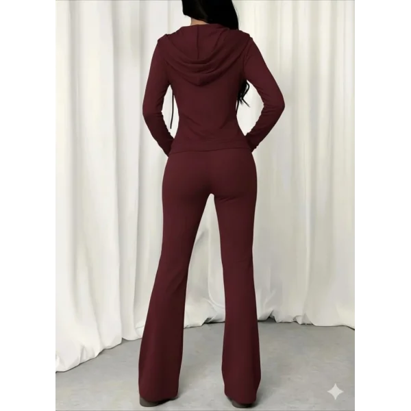 Kadın Uzun Kollu Kapşonlu Bağcıklı önü Fermuarlı Viskon Iki Iplik Bluz Ve Pantolon Ikili Takım