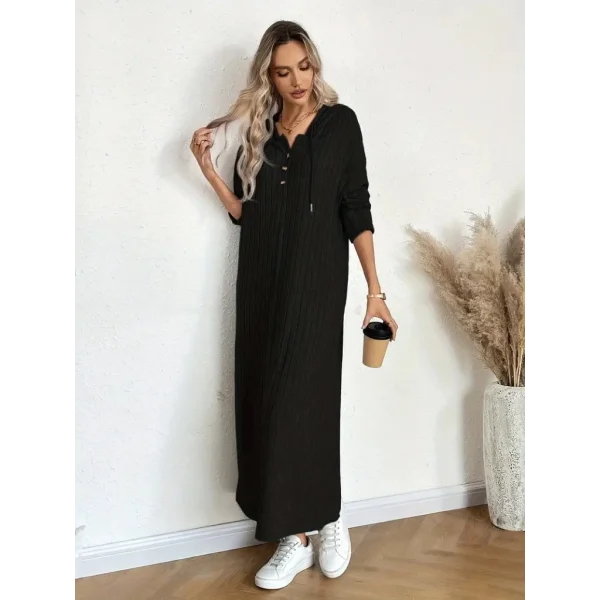 Kadın Uzun Kollu Kapşonlu Bağcıklı şardonlu Kaşkorse Uzun Elbise