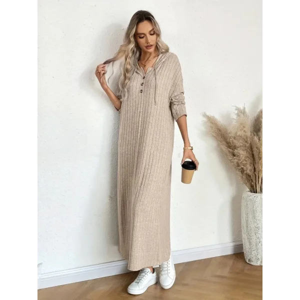 Kadın Uzun Kollu Kapşonlu Bağcıklı şardonlu Kaşkorse Uzun Elbise